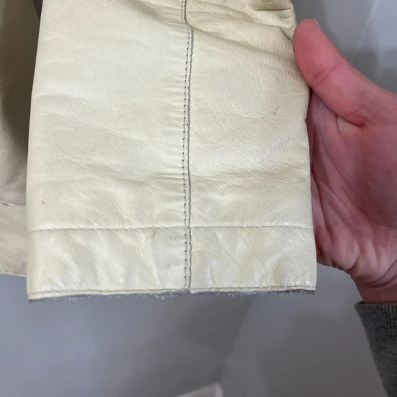 Designer Unique Women Biege Cosmo Bella Leather Biker Jacket Classic Pockets Vtg - Picture 5 of 11